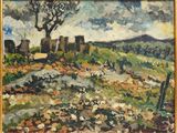 an oil painting of a landscape with a tree in the foreground