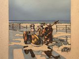 a picture of a painting of a cowboy on the beach