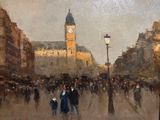 un tableau représentant des personnes marchant dans la rue, avec une tour horloge en arrière-plan