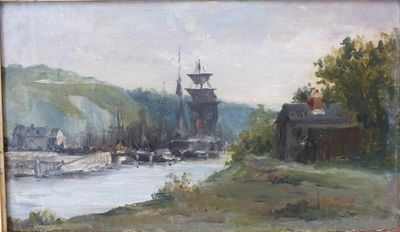 une peinture représentant une scène portuaire avec des bateaux dans l'eau