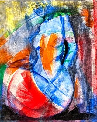 a painting of a woman with a blue hat and a red dress