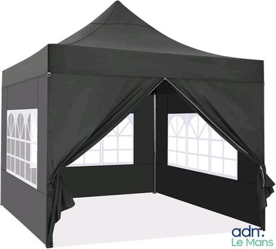 a close up of a black tent with windows on a white background
