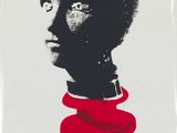 a white poster with a black and red image of a woman ' s face