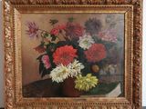an oil painting of flowers in a vase on a table