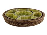 an image of a wicker tray with four plates in it