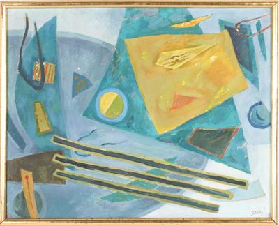 an image of a painting of a table with a knife, fork, napkin and other items on it