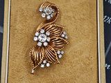 une photo d'une broche en or et diamants dans un écrin