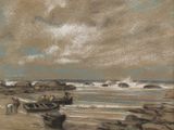 painting of a boat on a beach with people on the shore