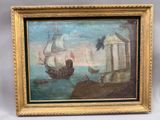 une peinture représentant un bateau sur un plan d'eau, à côté d'un bâtiment