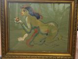 tableau représentant une femme allongée sur le ventre, tenant une fleur