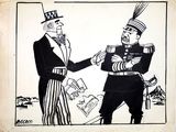 political cartoon of a man in uniform shaking another man ' s hand
