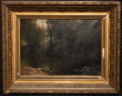 une peinture d'un paysage avec une rivière au premier plan
