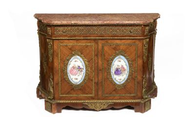 an image of a wooden cabinet with two doors and a marble top