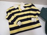yellow and black striped polo shirt with white collar and cuffs