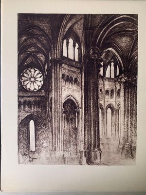 un dessin en noir et blanc représentant une cathédrale avec une horloge accrochée au mur