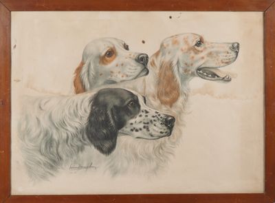 tableau représentant deux chiens, dans un cadre en bois sur fond blanc