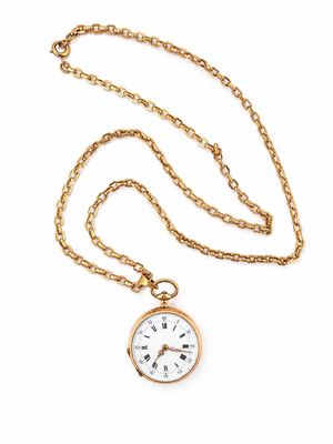 an image of a gold pocket watch with a chain on a white background