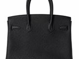 a black leather handbag on a white background