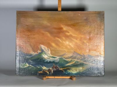 un tableau posé sur un chevalet représentant un bateau en mer