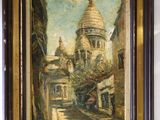 an oil painting of a street scene with a church in the background