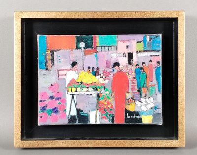 tableau encadré représentant un étal de fruits avec des personnes en arrière-plan