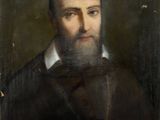 un tableau représentant un homme barbu tenant un livre