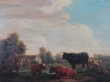 un tableau représentant des vaches dans un champ, avec une maison en arrière-plan