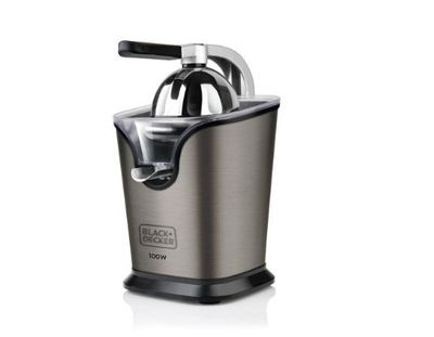 an image of a silver juicer with a black handle on a white background
