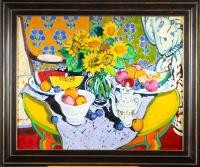 une image représentant un tableau où l'on voit une table avec des fruits et des fleurs