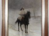 an oil painting of a man riding a horse in the snow