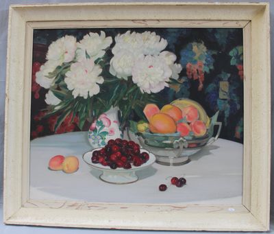 a painting of a bowl of fruit and flowers on a table