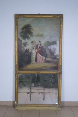 Trumeau en bois et stuc doré, le miroir surmonté d'une huile sur toile - Photo 1