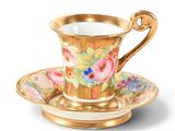 a cup and saucer on a saucer on a white surface