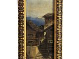 un tableau représentant une scène de village avec une maison en bois et une montagne en arrière-plan