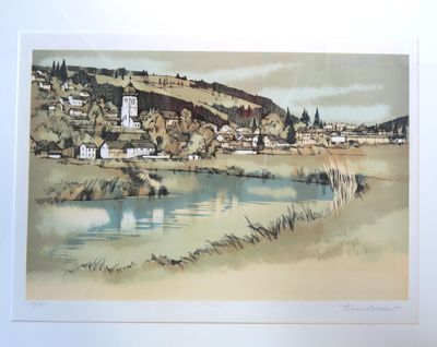 une photo d'une aquarelle représentant une ville située sur une colline
