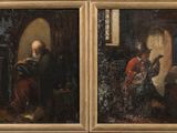 deux tableaux représentant un homme et une femme assis devant un miroir