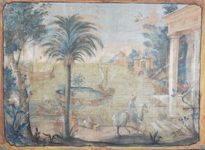 une image représentant un tableau représentant un paysage avec des palmiers et des personnes