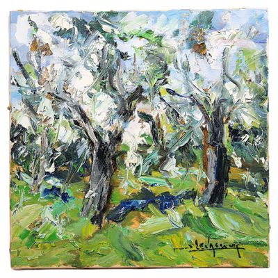 a painting of a painting of trees in a field