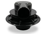 a black plate with a black cup on top of it