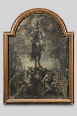 an image of a painting of a man standing on top of a statue