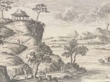 a drawing of a boat on the water near a mountain