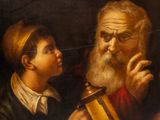 an old painting of a man and a young boy holding a trophy