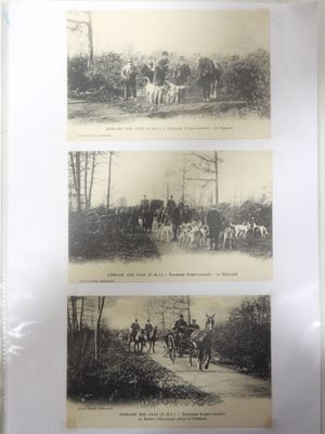 three pictures of horses and people riding on the road