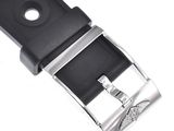 black leather belt with silver buckle on a white background