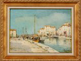 une peinture à l'huile d'une scène portuaire avec des bateaux dans l'eau