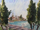 painting of a view of a town from a distance with trees in the foreground