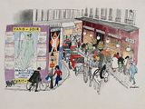 drawing of a street scene with people and a horse drawn carriage