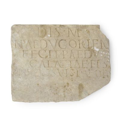 un vieux bloc de pierre portant une inscription sur une surface blanche