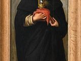 painting of a man in a black robe holding a bird in his hand