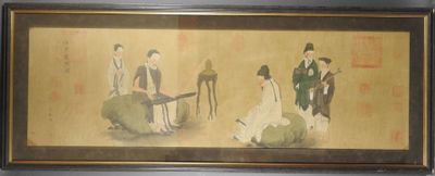une peinture représentant un groupe de personnes assises sur un banc